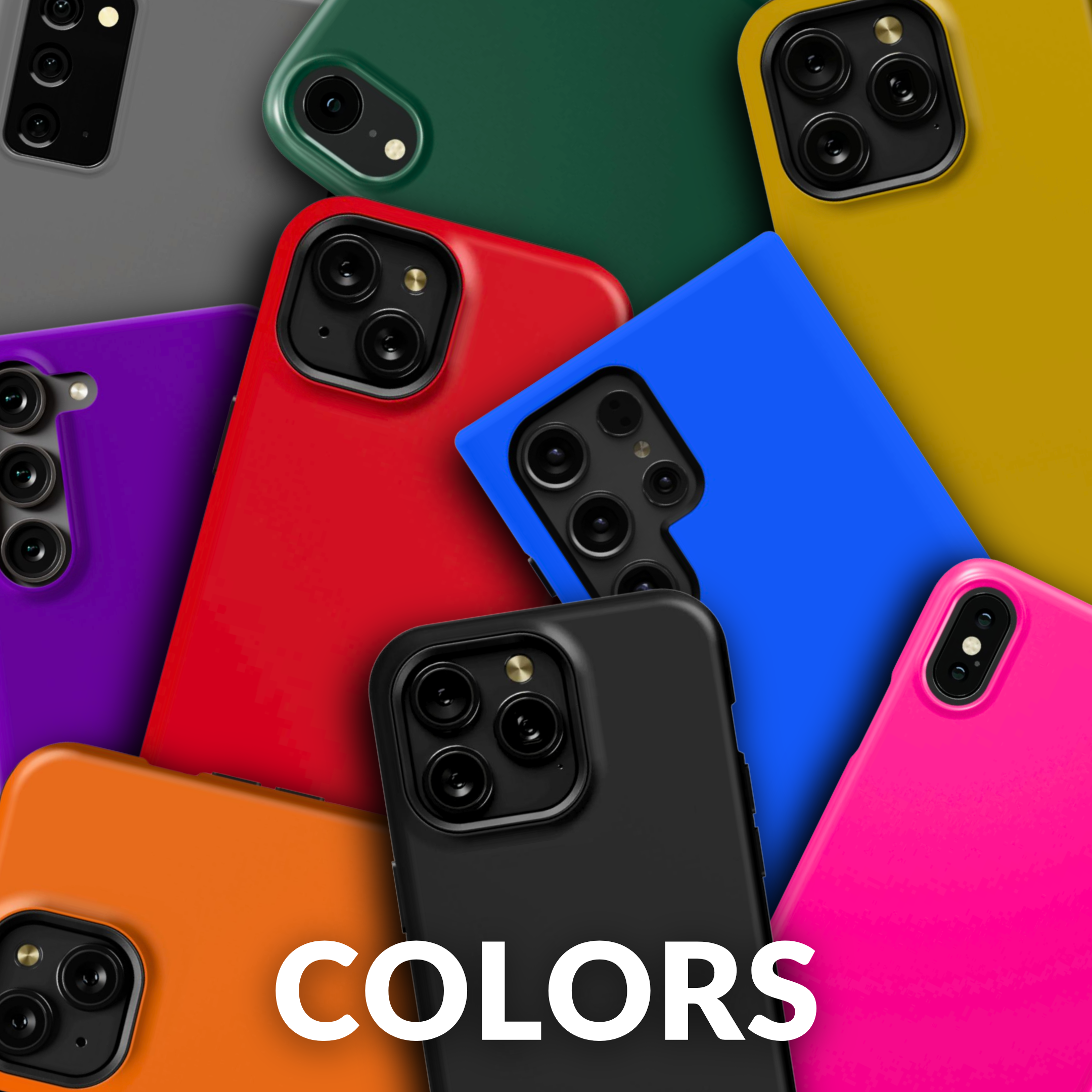 Phone Case, iPhone, Samsung Galaxy, Solid Color Phone Case, Blue Phone Case, Pink Phone Case, Orange Phone Case, Green Phone Case, Red Phone Case, Purple, Gray, Black, iPhone 15, Samsung S24