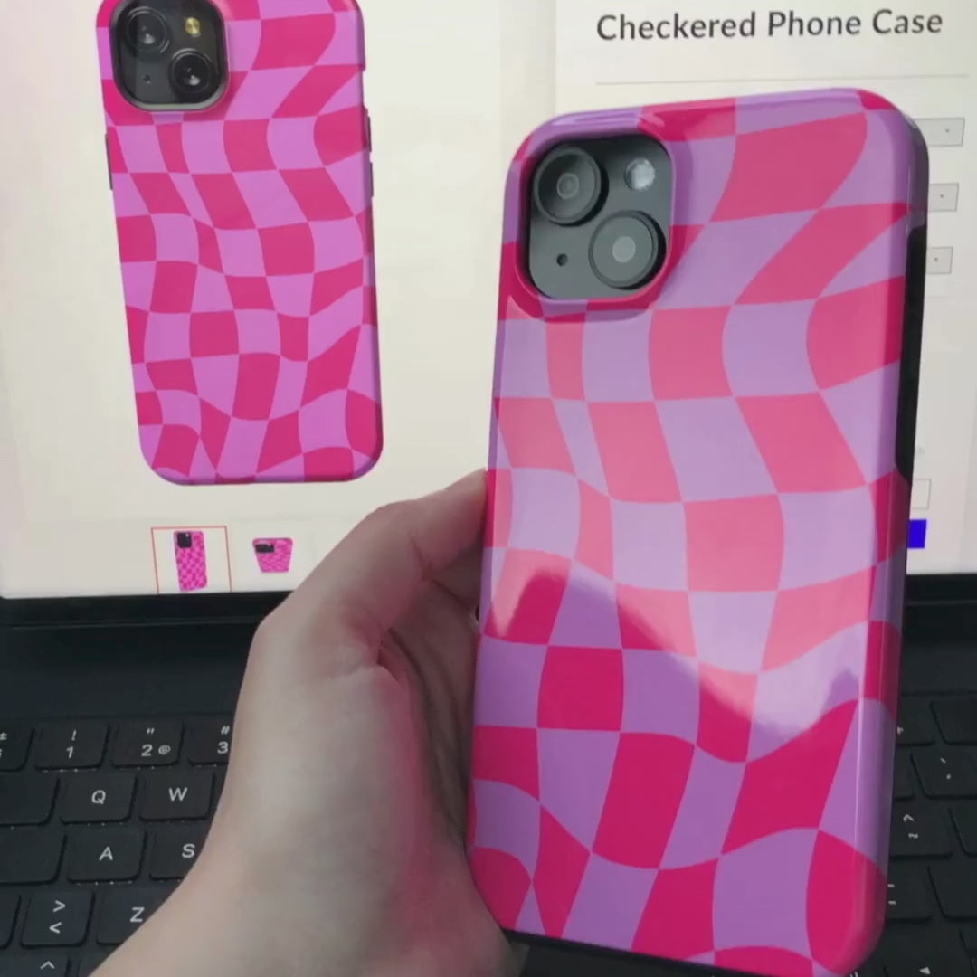 Pink Distorted Checkered Phone Case, B7Cases, Phone, Phone Case, Tough Case, Snap Case, iPhone, Apple, iPhone Case, Cover, MagSafe, Samsung Galaxy, iPhone X, XS, XS max, XR, 11, 12, iPhone SE, 13, Mini, iPhone 14, Plus, iPhone 15, 15 plus, 15 pro, 15 pro max, Galaxy S10, S20, S21, S22, S23, Checkered Phone Case, Checker, Check, Checked, Chess, Square, Geometric, Mosaic, Grid, Warped, Swirl, Distorted, Retro, Vintage, Hippie, Hipster, Groovy, Spire, Tile, Spiral, Geometric Shape, Checkerboard, Plaid, Wavy